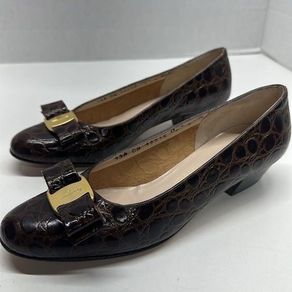 Salvatore Ferragamo Vara Bow Ballet Pumps Shoes Leather Snakeskin Brown Size 6 B - Picture 5 of 10